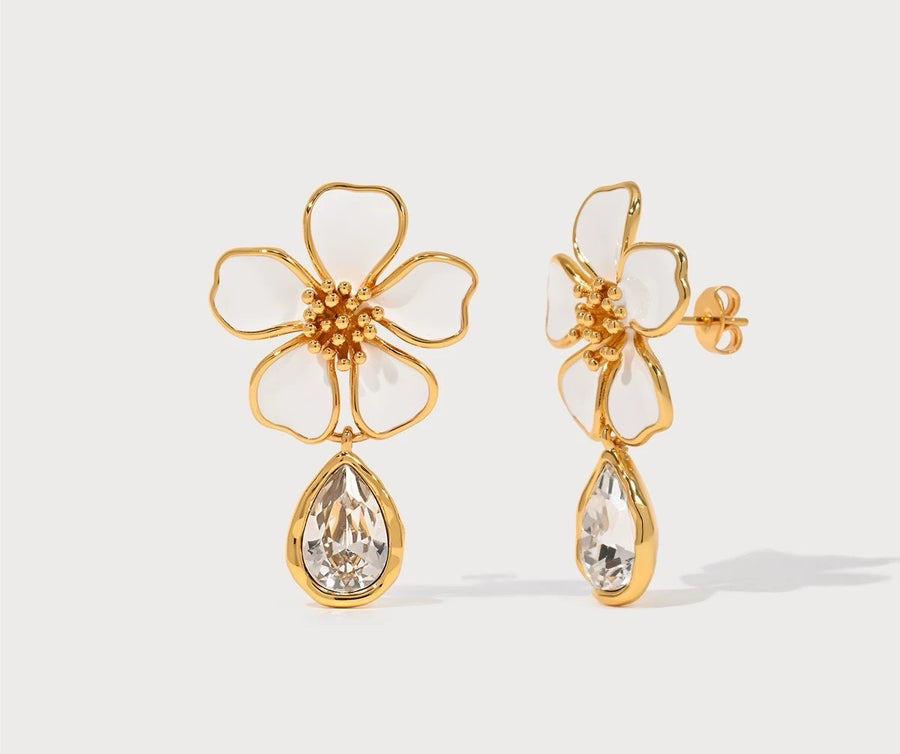 White Blossom Golden Dangle Earrings