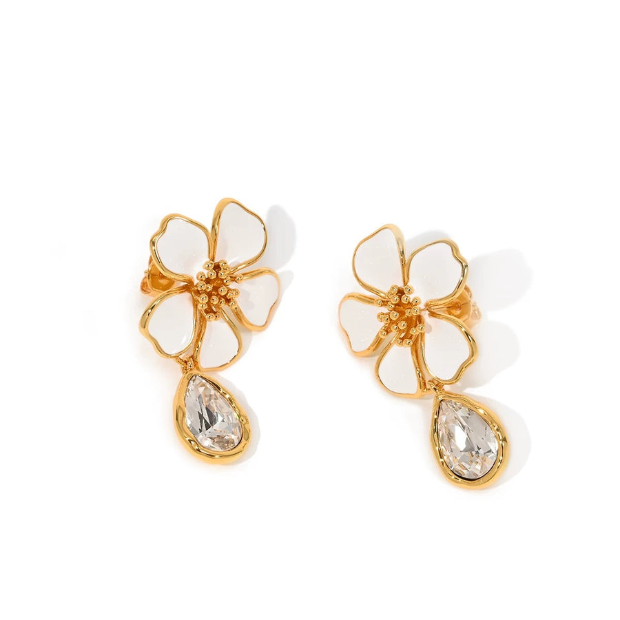 White Blossom Golden Dangle Earrings