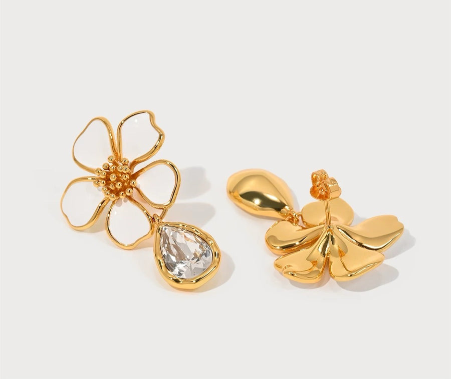 White Blossom Golden Dangle Earrings