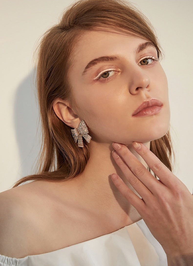 Golden Pearl Bow Stud Earrings