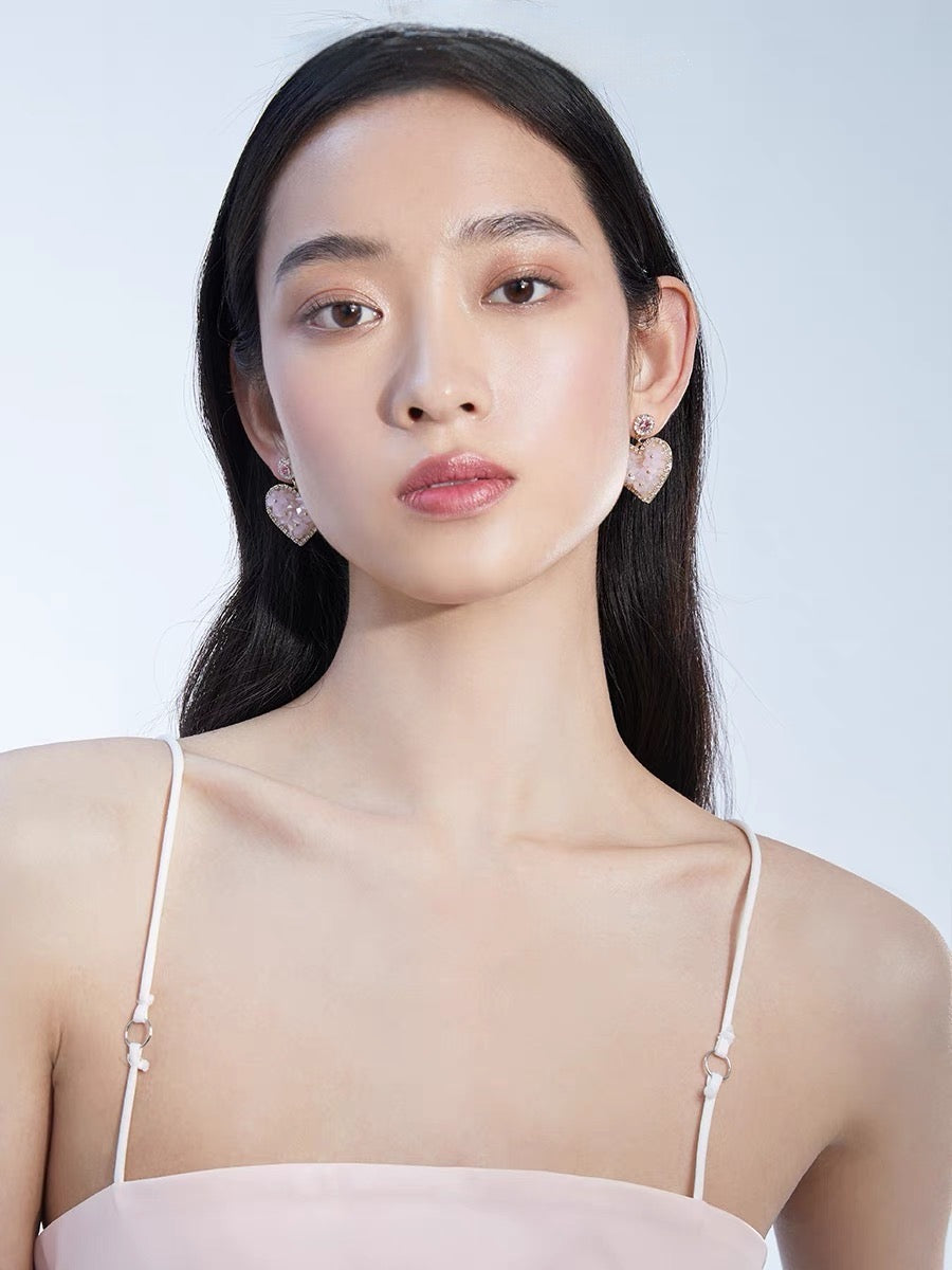 Heart Gold Drop Earrings in Light Pink Drusy