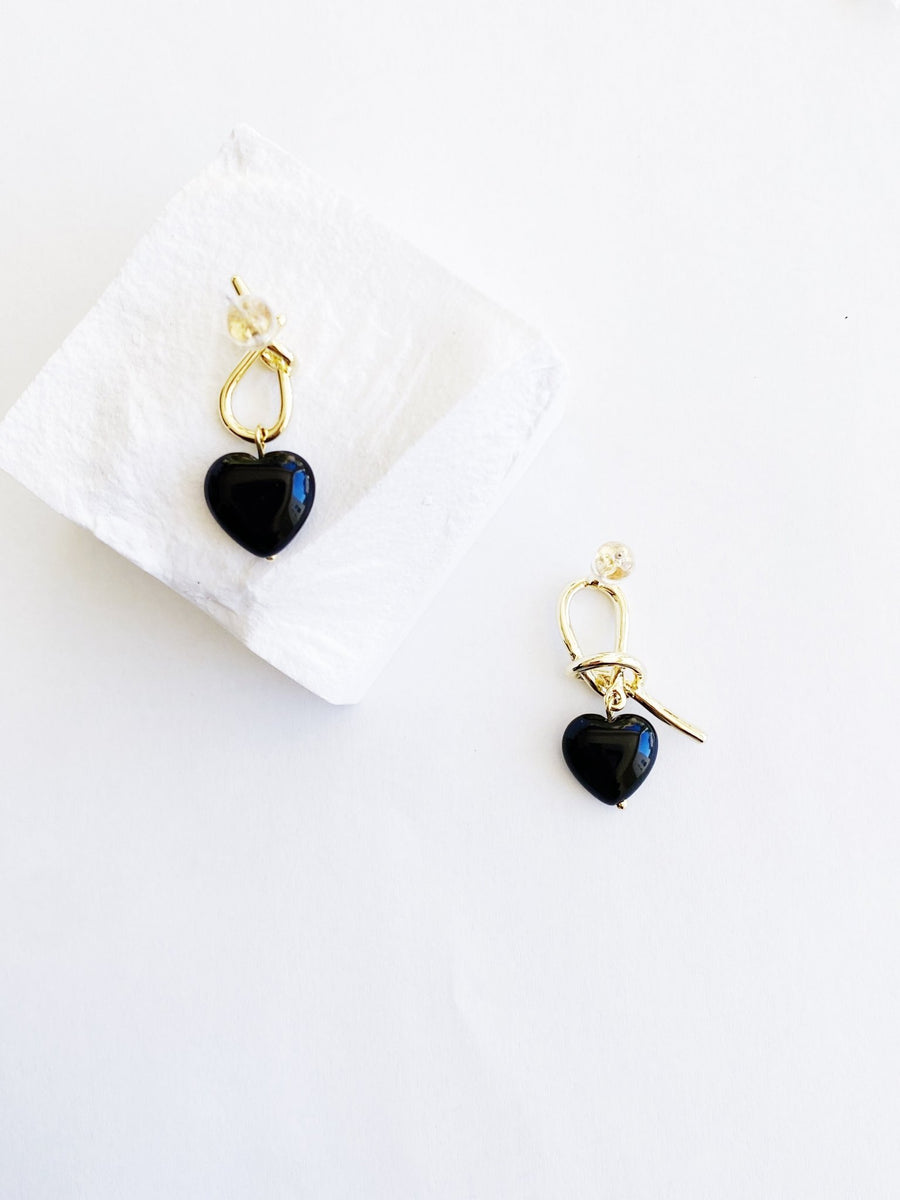 Black Heart Gold Dangle Earrings