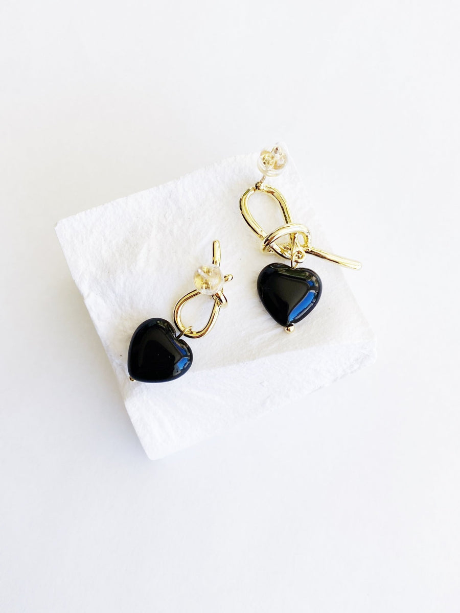 Black Heart Gold Dangle Earrings