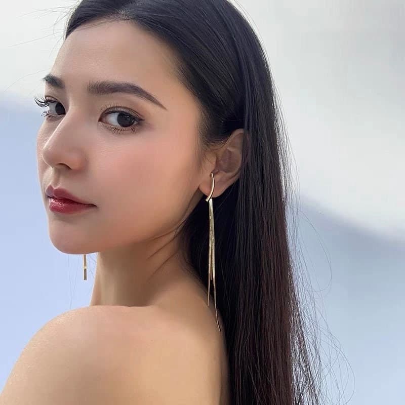 Gold Long Tassel Linear Earrings.