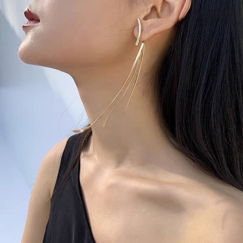 Gold Long Tassel Linear Earrings.