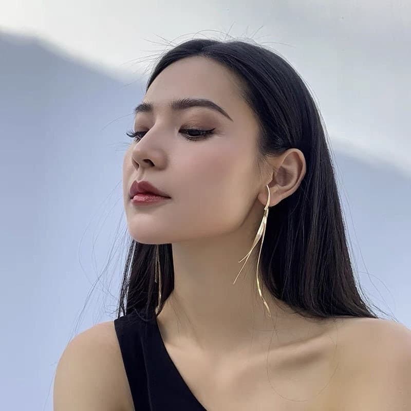 Gold Long Tassel Linear Earrings.