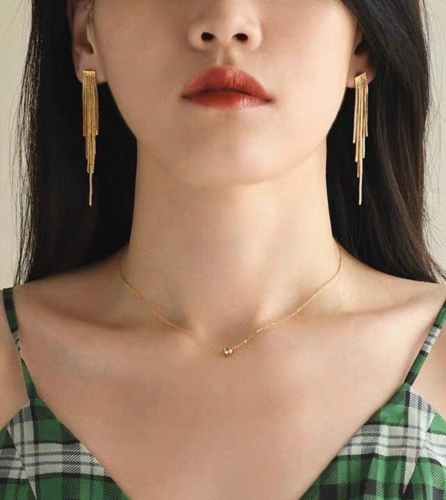 Gold Plated Bar Long Tassel Earrings.