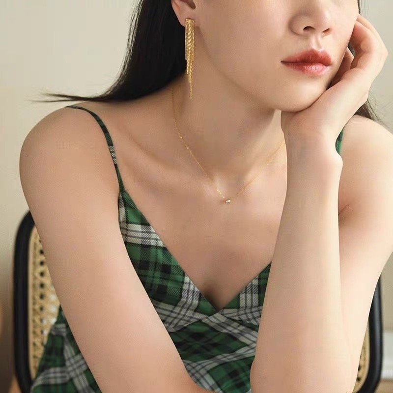 Gold Plated Bar Long Tassel Earrings.