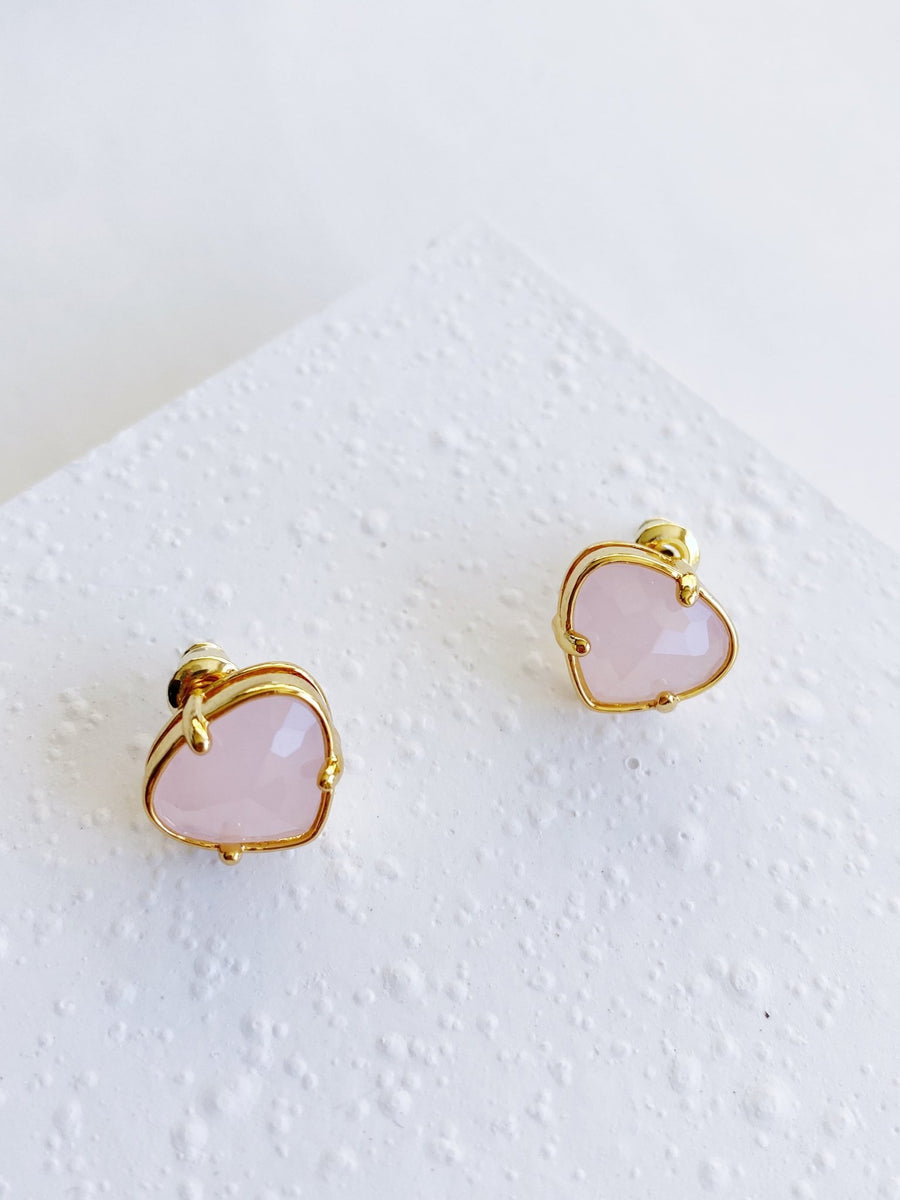 Heart-Shaped Pink Crystal Stud Earrings in 18K Gold.