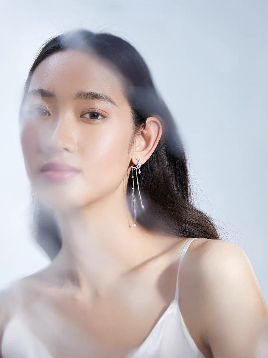 Moon Pavé  Linear Drop Pearl Earrings.