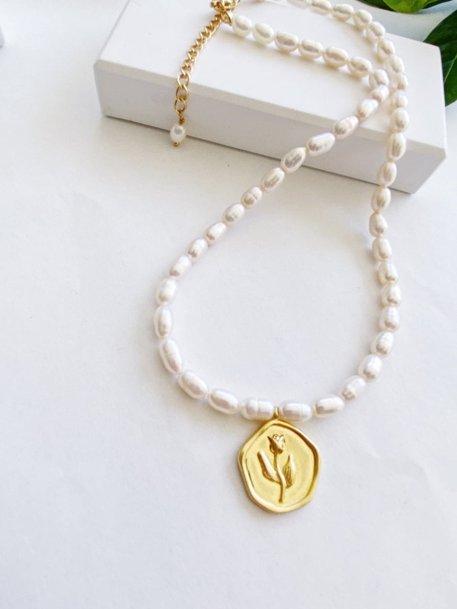 Rose Symbol Baroque Pearl Pendant Necklace by NJP.