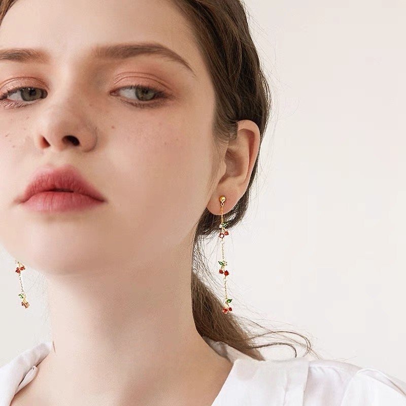 Triple Cherry Gold Dangle Earrings.
