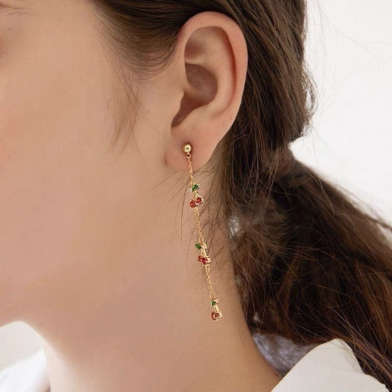 Triple Cherry Gold Dangle Earrings.