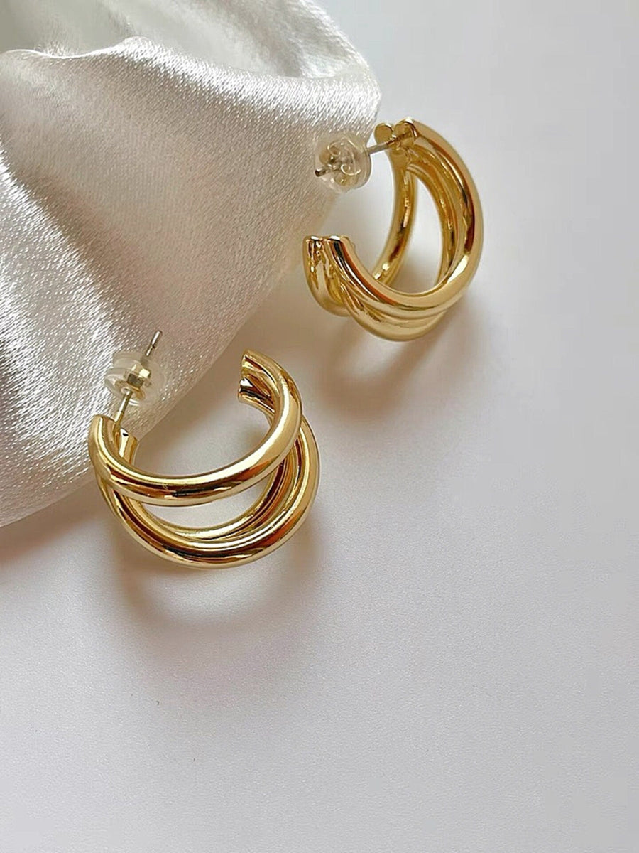 Triple Hoop Pave Gold Huggie Earrings.