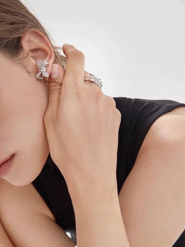 Zirconia Ribbon White Gold Stud Earrings Not Just Paris